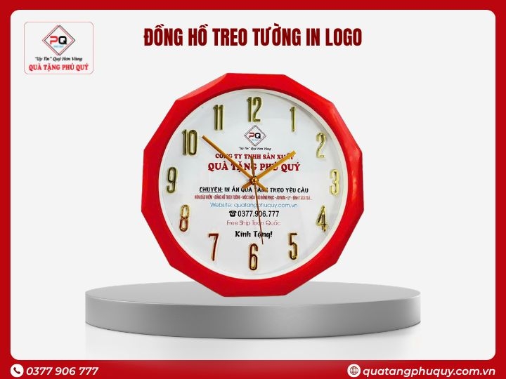 ĐỒNG HỒ TREO TƯỜNG IN LOGO ĐA GIÁC VIỀN NHỰA SƠN ĐỦ MÀU 12 SỐ NỔI 32CM